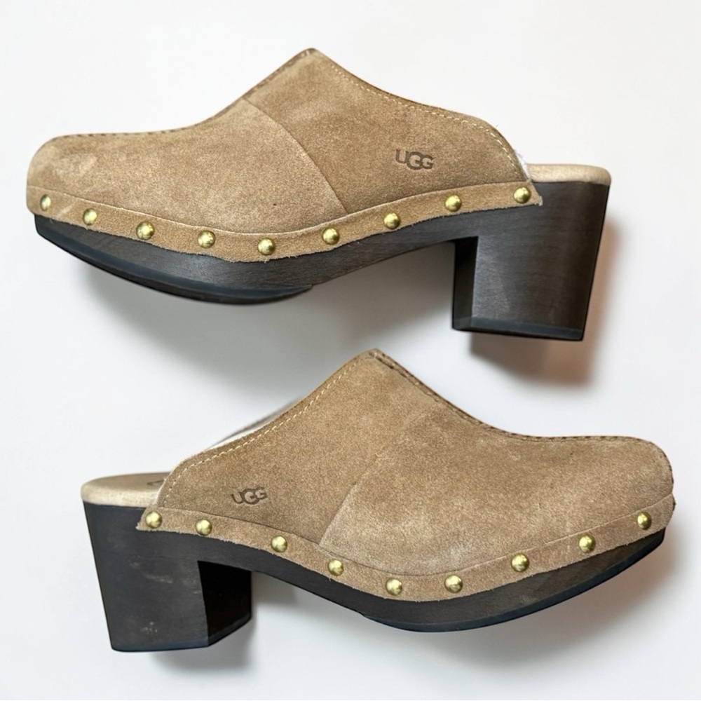 UGG Chestnut Brown Suede Kassi Sherpa Lined Slip On Clogs Heels Size 6 - Picture 5 of 11
